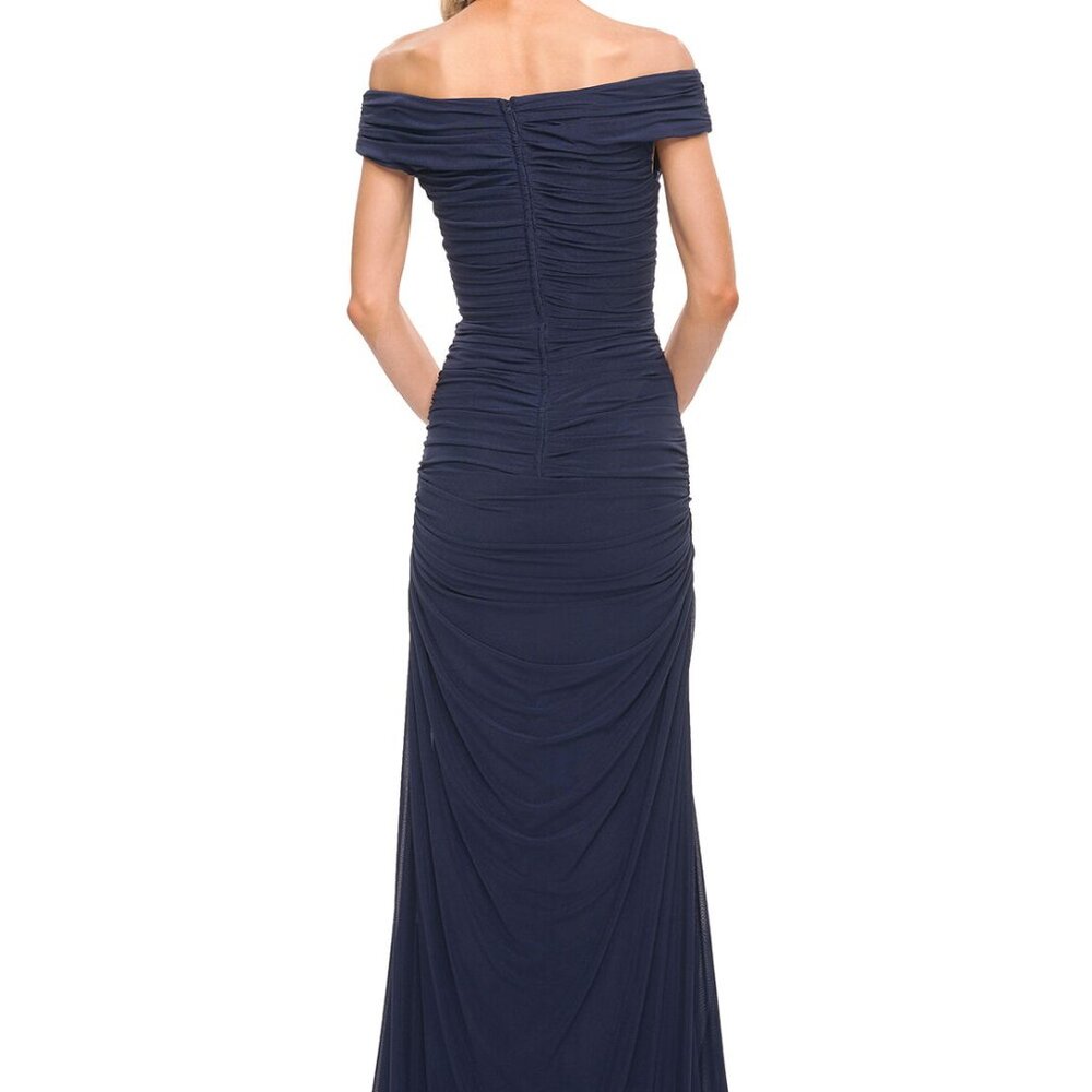 La Femme Navy Off-Shoulder Ruched Maxi Dress - Picture 2 of 8